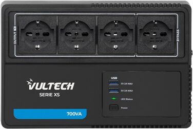 ДБЖ Vultech UPS700VA-XS багатороз'ємний 700VA/390WA, інтерактивна технологія лінії безперебійного живлення, захист AVR для ПК та модему, 4 виходи Shuko, 2 USB-зарядні пристрої для смартфона та