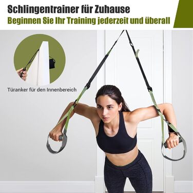 Тренажер зі строп, Тренажер зі строп для тренування всього тіла, Тренажер для слінгу для дому з великою ручкою, кріплення дверного анкера, сумка для перенесення, посібник із вправ для домашнього тренажерного залу (зелений)