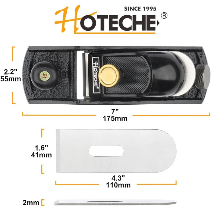 Рубанок Hoteche 394006 однією рукою -175 мм довжина корпусу, ширина леза 41 мм (точна обробка знизу та збоку, точне лиття, регульоване лезо, гладка поверхня)