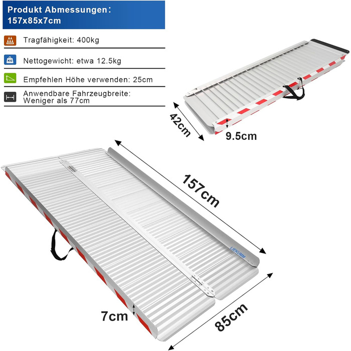 Портативний пандус для інвалідного візка Вантажопідйомність 400 кг Ширший складний алюмінієвий пандус для сходів, дверей, порогу тощо Нековзна поверхня 150x85x5 см (1 упаковка), 157x85