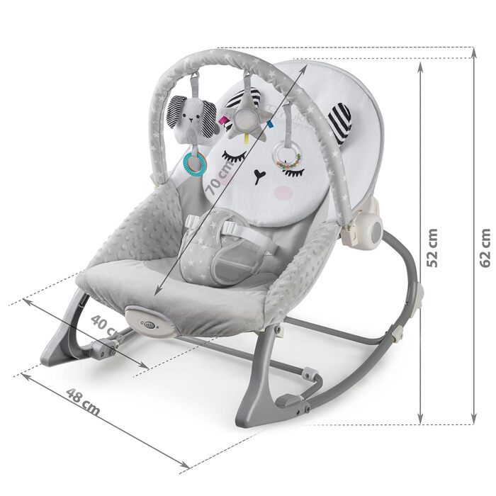 Дитяча гойдалка Nukido Baby Bouncer з музикою - Металевий каркас і міцний пластик - Замок гойдалки - Вібраційна система - Додаткова іграшка Montesorri - 48 x 62 см - Сірий