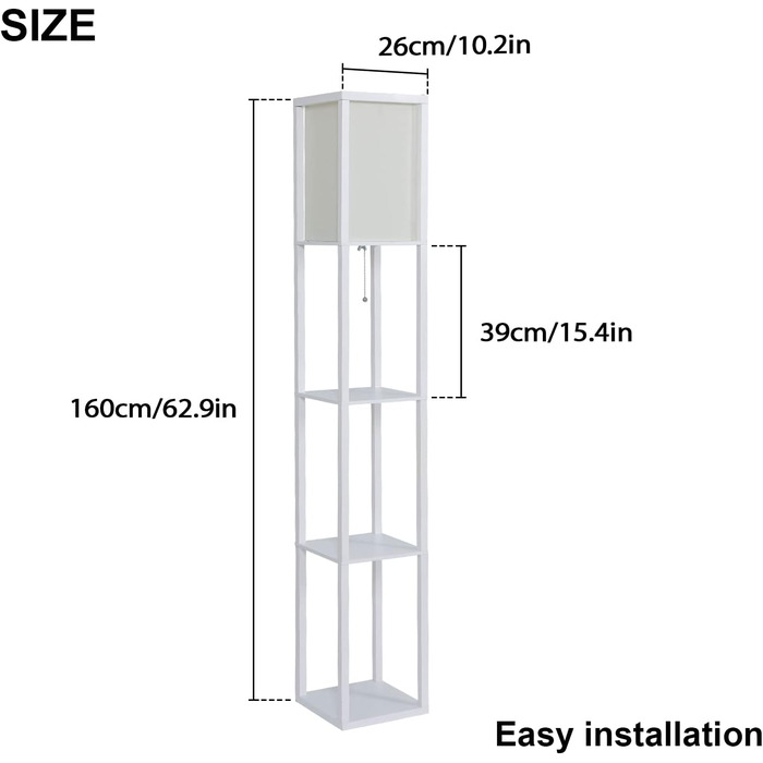 Торшер YU YUSING Дерев'яна полиця, Вітальня Світлодіодний торшер з 3 дерев'яними полицями з цоколем E27 1,6 м Внутрішнє освітлення для спальні Whonzimmer Офіс (білий)
