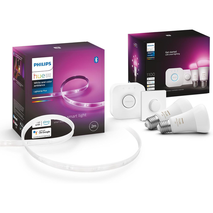 Стартовий набір Philips Hue White & Color Ambiance E27 з 2 предметів в комплекті Hue Bridge 2m Lightstrip Base, 2x806 лм, до 16 мільйонів кольорів, з можливістю затемнення, керування через додаток, сумісність з Storeo Alexa (Echo, Echo Dot)