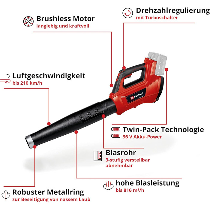 Акумуляторна повітродувка для листя GP-LB 36/210 Li E-Solo Power X-Change (літій-іонна, потужність обдування 816 м/год, перемикач турбо, 3-ступінчаста знімна трубка, без акумулятора та зарядного пристрою)