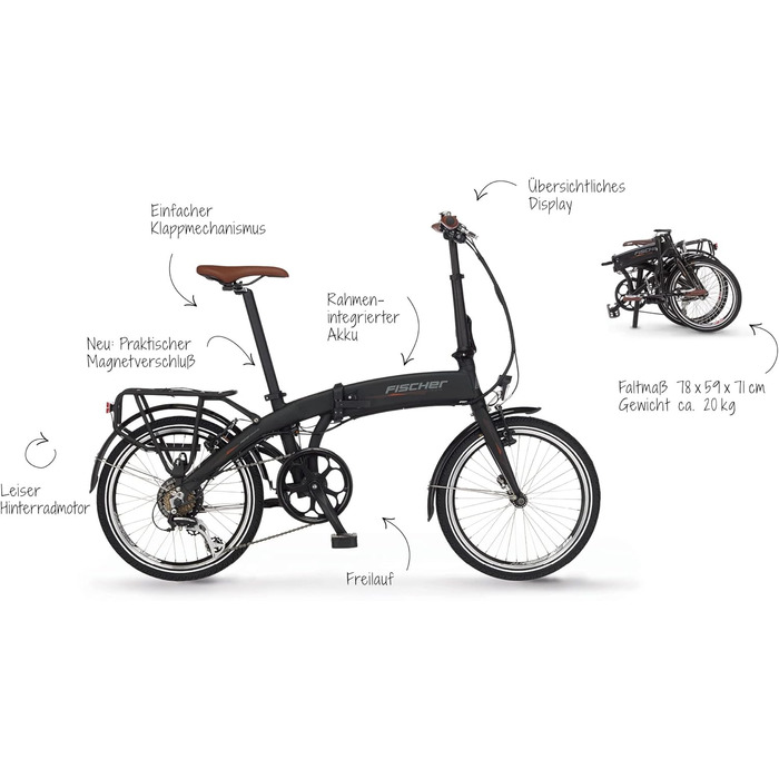 Складний електричний велосипед FISCHER e-bike FR 18 для жінок та чоловіків, висота 30 см, двигун заднього колеса 25 Нм, акумулятор 36 В в рамі, чорний матовий, 20 дюймів