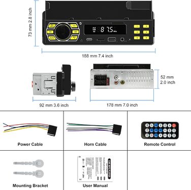 З Bluetooth, MP3-плеєр з FM-радіо, підтримка автомобільної стереосистеми 1 Din BT Hands-free/еквалайзер/керування на кермі/USB/зарядка/TF/AUX-вхід, цифровий медіа-ресивер (з тримачем телефону), 1 Din