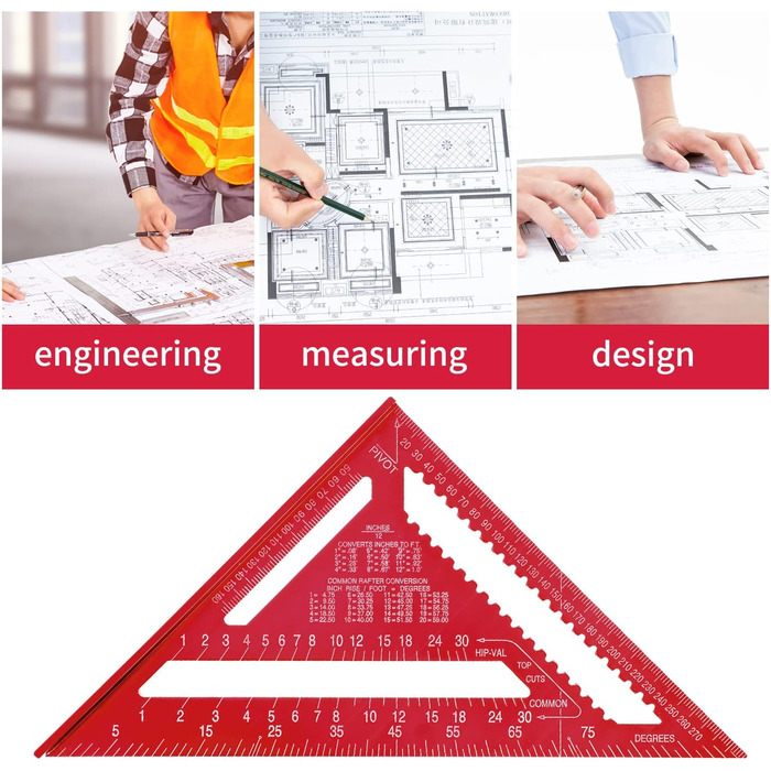 Дюймовий теслярський косинець, метричний трикутник, трикутна лінійка кутова металева для дизайну оздоблення, вимірювання кутів, зроби сам (червоний), 12-