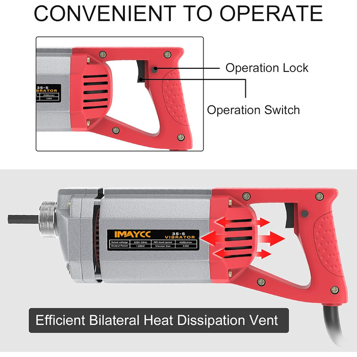 Електричний вібратор для бетону IMAYCC, внутрішній вібратор для пляшок потужністю 1300 Вт, вібраційний вібратор довжиною 2 м для бетону, швидкість вала перемішування 4300 об/хв, діаметр вібраційного валу 35 мм