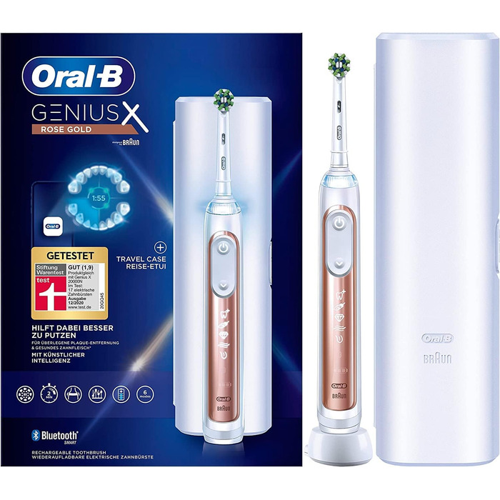 Електрична зубна щітка/електрична зубна щітка Oral-B Genius X, 6 режимів чищення зубів для догляду за зубами, додаток зі штучним інтелектом і Bluetooth, дорожній кейс, подарунок чоловіку/жінці, дизайн коричневого, рожеве золото