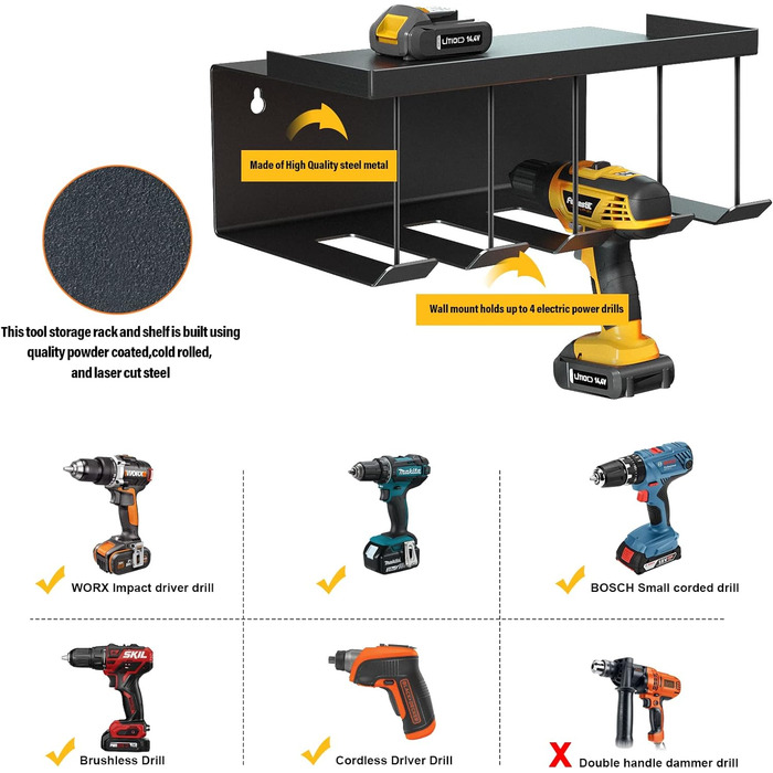 Зберігання інструментів Зберігання Настінне кріплення Акумуляторний ударний дриль-шуруповерт, 4 слоти Надміцна електрична дриль Настінна стійка для зберігання Викрутка Організація Тримач інструменту Стійка для інструментів.