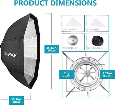 Восьмикутний складаний софтбокс Neewer 90 см, з рамкою Bowens, дифузором і знімною решіткою, швидкоскладний софтбокс, з кишенею для проектора Speedlite, точковий, фотостудія