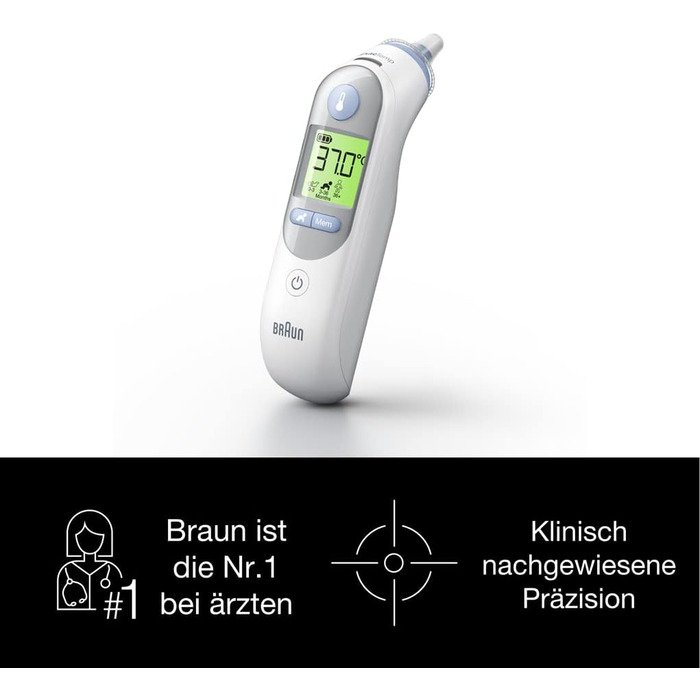 Вушний термометр Braun ThermoScan 7 (точність за віком, кольоровий дисплей температури, лихоманка, безпечний, гігієнічний, клінічно точний, ніжний) IRT6520, ука (1 упаковка), цифровий 6520 білий