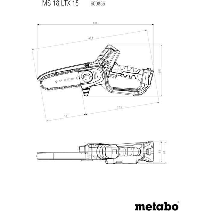 Акумуляторна пила для обрізки Metabo (пила по дереву без акумулятора, маленька бензопила 15 см, без metaBox, садова пила) 600856850 Коробка