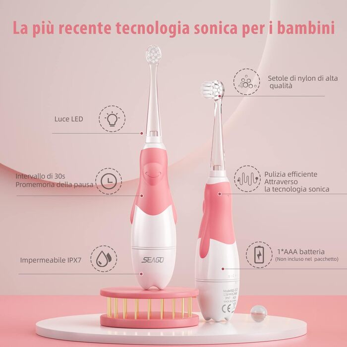 Водонепроникна дитяча зубна щітка IPX7 (Sonic Toothbrush 4 шт. Brush Heads, Pink), 513 Electric Sonic Toothbrush for Children from 0 to 3 Years LED Light Smart Timer Sonic Baby Toothbrush