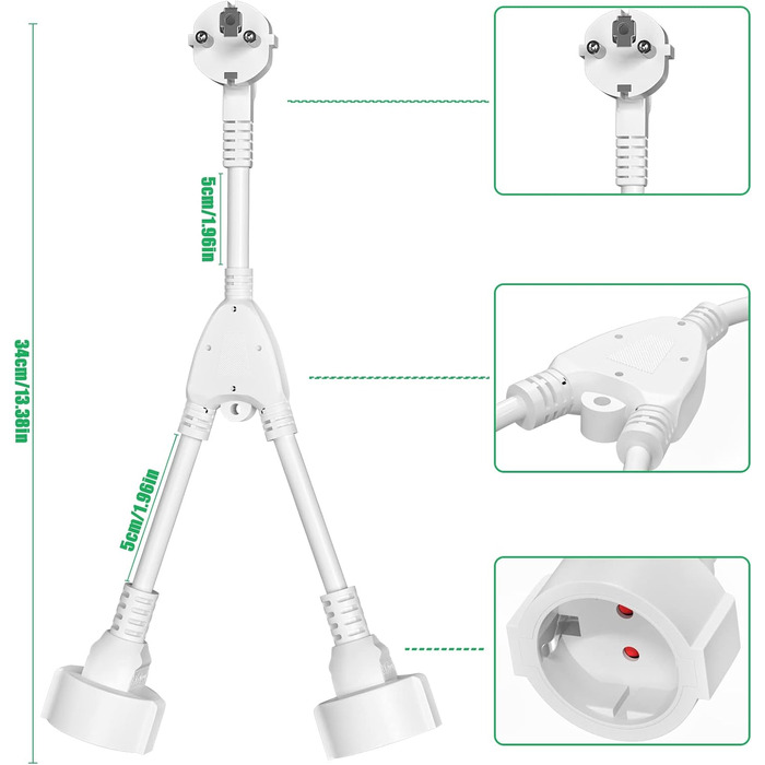 Подовжувач з 2 розетками Schuko, адаптер 2 в 1 з гнучким кабелем, 16А/250В/макс. 3680 Вт, німецька перетворювальна розетка, багаторозеткові подовжувачі для кухні, офісу, дому білий 2 відділення білий