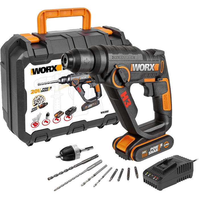 Перфоратор WORX WX390 SDS-plus - 20В дриль з пневматичним ударним механізмом для загвинчування, свердління та забивання - Енергія удару 1,2 Дж - З літій-іонним акумулятором 2,0 Ач, зарядним пристроєм та кейсом 1,2 Дж вкл. 1 акумулятор та зарядний пристрій