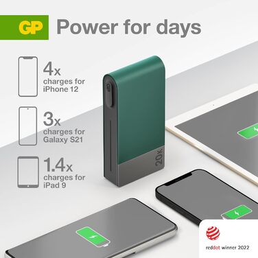 Зовнішній акумулятор 20 000 мАг GP Power Bank з великою ємністю, портативний зарядний пристрій з портом USB типу C швидка зарядка 3 пристроїв одночасно Синій