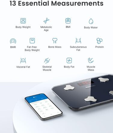 Цифрові ваги для ванної кімнати RENPHO, міні-ваги з жиром і м'язовою масою, портативні ваги жиру в організмі, синхронізовані з додатками, максимальний розмір 180 кг, 28 x 18 см