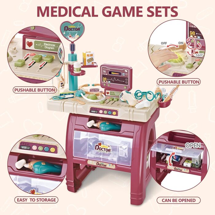 Набір для рольових ігор Doctor Play Set Медичні станції зі звуком та світлом, Набори для косплею зі стетоскопом термометром шприцом, медичні іграшки для дітей хлопчиків та дівчаток (25)