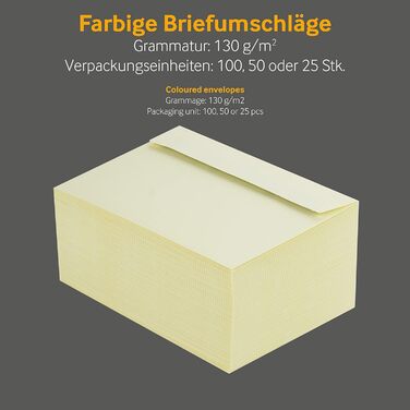 Кольорові конверти, DIN C6/5, Чутливий до тиску клей зі смужками, що відклеюються, Прямий клапан, 130 г/кв.м Colorista, З вікном, Жовтий, Порожні конверти (DIN C6, Кремово-жовтий-25), 100 шт.