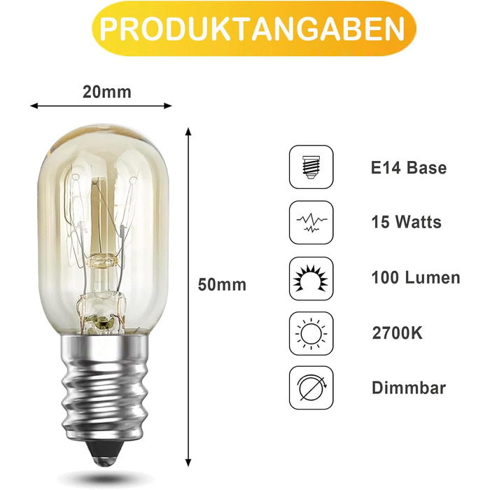 Лампа для духовки, соляна лампа Лампочки E14 з регулюванням температури до 300C, термостійкі, 2700K теплий білий Лампа для холодильника SES 230V для мікрохвильової печі, витяжки, швейної машини 5 шт., 14