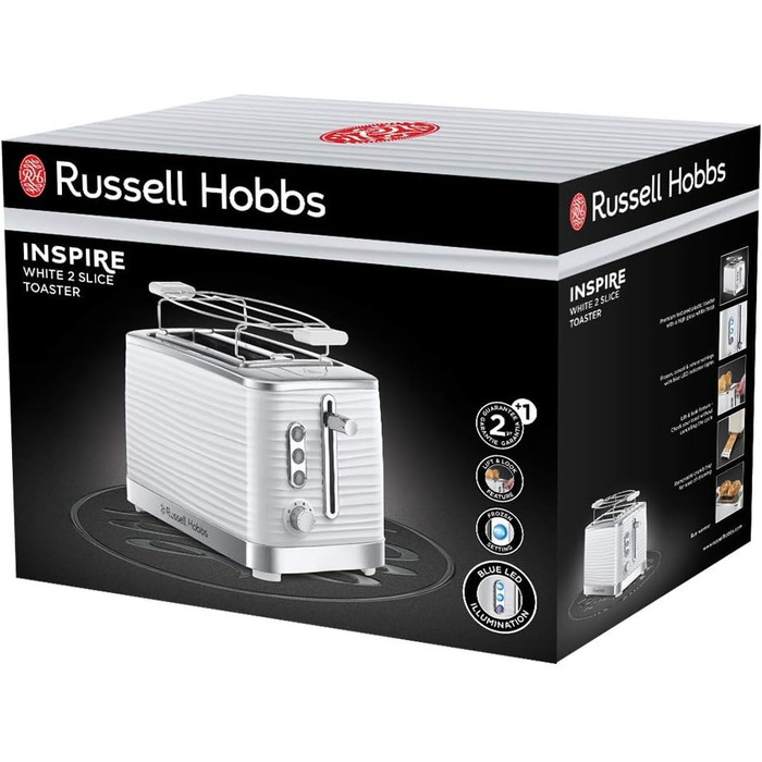 Тостер Russell Hobbs на 2 скибочки Inspire White з високоякісною глянцевою структурою (надзвичайно широкі отвори для тостів, включаючи насадку для булочки, 6 рівнів підрум'янювання функція розморожування та розігріву) 24370-56