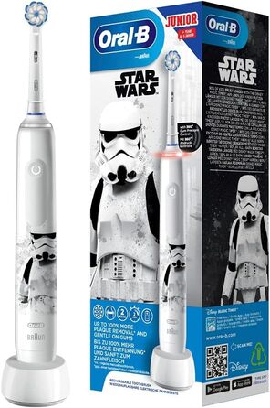 Електрична зубна щітка Oral-B Junior Star Wars для дітей від 6 років, регулювання тиску на 360, м'яка щетина, 2 програми чищення в т.ч. чутлива, таймер, біла стара одинарна