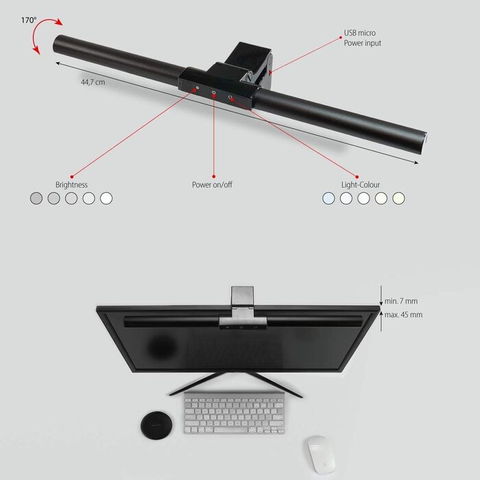 Світлодіодна лампа для монітора FeinTech LTL00700 USB, компактна настільна лампа, яскравість регулюється, регульована колірна температура від білого денного світла до теплого білого, затискна лампа з можливістю нахилу, чорний