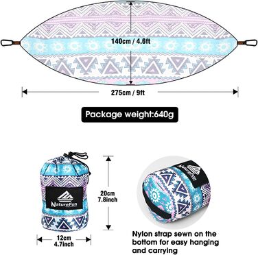 Туристичний кемпінг-гамак NATUREFUN 275 x 140 см преміум-класу максимальна вантажопідйомність до  300 кг дихаючий, швидковисихаючий з парашутного нейлону з 2 карабінами синьо- рожевий принт