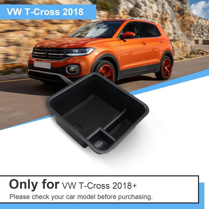 Коробка для зберігання на центральній консолі Coleya, сумісна з VW T-Cross 2018-2024, органайзер для підлокітника T Cross Accessories, бардачок T-Cross з центральним підлокітником з нековзним килимком (чорний)