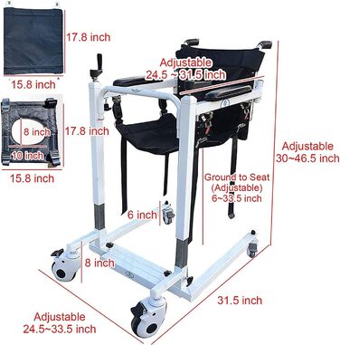 Портативний підйомник для пацієнтів, сталевий транспортний інвалідний візок, багатофункціональний підйомник для перенесення пацієнтів повного тіла для людей похилого віку та інвалідів з м'яким сидінням, максимальне навантаження 220 фунтів