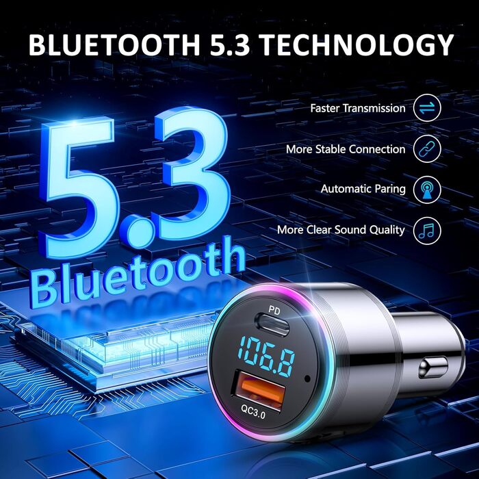 Передавач LENCENT Bluetooth, Bluetooth адаптер Bluetooth автомобільного радіо Bluetooth 5.3, адаптер радіо для автомобільного зарядного пристрою з прикурювачем і гучним зв'язком, PD 20 Вт тип C QC3.0, Hi-Fi