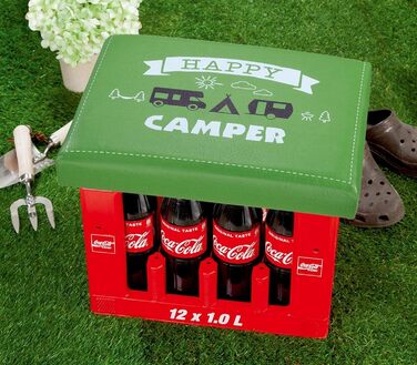 Вуличний табурет для пивного ящика, модель кріплення сидіння Happy Camper, матеріал імітації шкіри, розміри 44 х 34 х 5 см, колір зелений, ідеально підходить для саду, тераси, бару або просто вдома.