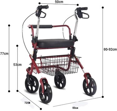 Допоміжний засіб для ходьби для людей похилого віку, візок для покупок, самокат, допоміжний засіб для ходьби для людей похилого віку, розбірний, гальма на ручках, регульована висота, кошик і сидіння, максимальна вага 100 кг