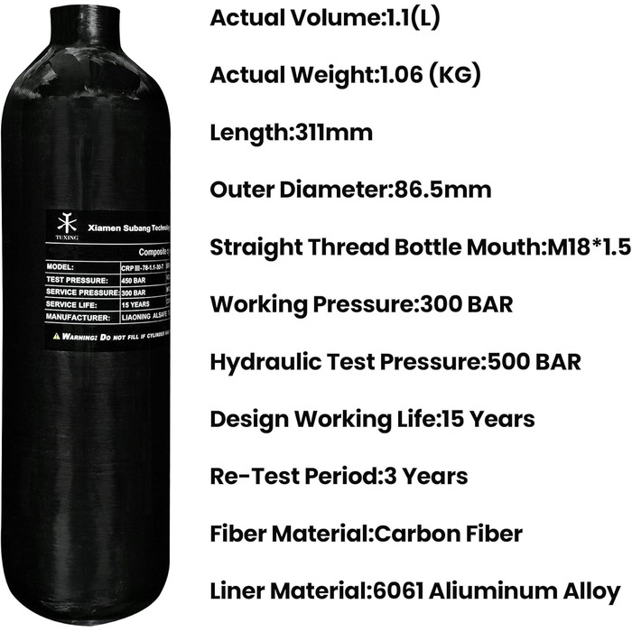 Повітряний бак з вуглецевого волокна TUXING 4500Psi 1.1 л