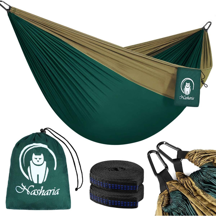 Гамак Nasharia Outdoor, 2 особи Відкритий гамак 300 кг Вантажопідйомність 275 * 140 см, Туристичний гамак Ультралегкий дихаючий гамак Нейлоновий парашут для кемпінгу на відкритому повітрі, саду та пляжу Темно-зелений