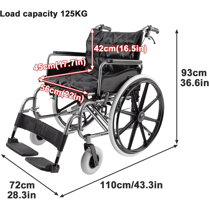 Складна транспортна інвалідна коляска Sunyongfly Складна алюмінієва інвалідна коляска Всюдихідна складна інвалідна коляска для дорослих підходить для важких дорослих, людей похилого віку та людей з обмеженою рухливістю 72X110X93 см (28.3X43.3X36.6 дюймів)