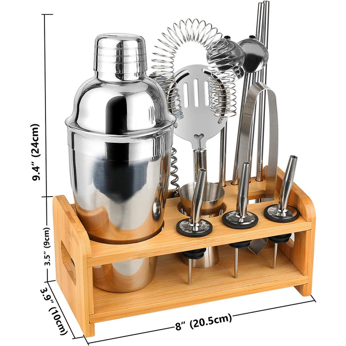 Набір для коктейлів Hossejoy, набір шейкерів з нержавіючої сталі, набір для барменів з 14 предметів з підставкою Better Bamboo, мірною чашкою і барною ложкою, подарунковий набір для коктейлів 550 мл для дому або бару
