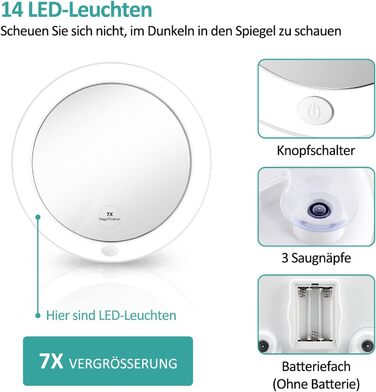 Дзеркало для макіяжу EMKE з підсвічуванням 7x, кругле світлодіодне збільшувальне дзеркало 165 мм з присоскою, без свердління Портативне дзеркало для макіяжу настінне дзеркало на батарейках 7X