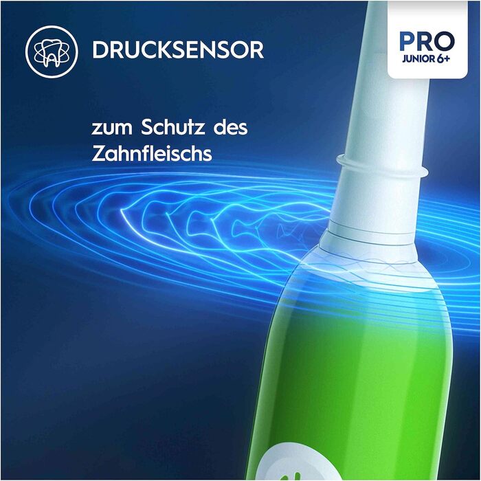 Електрична зубна щітка Oral-B Pro Junior для дітей віком від 6 років, датчик тиску, 3 режими чищення, включаючи чутливу для догляду за зубами, мяка щетина та таймер, розроблений Braun, зелений