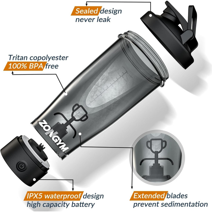 Електричний протеїновий шейкер преміум-класу ZonGym, акумуляторні чашки-шейкери USB C для протеїнових коктейлів і коктейлів, що замінюють прийом їжі, без бісфенолу А, 24 унції Deep Black