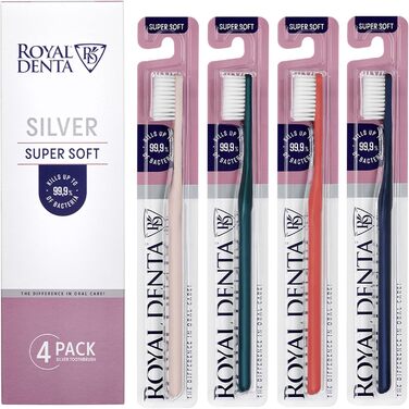 Супер м'яка зубна щітка 4 шт. и Royal Denta зі срібною щетиною для антибактеріального ефекту, ідеальний догляд за чутливими зубами (4 упаковки)