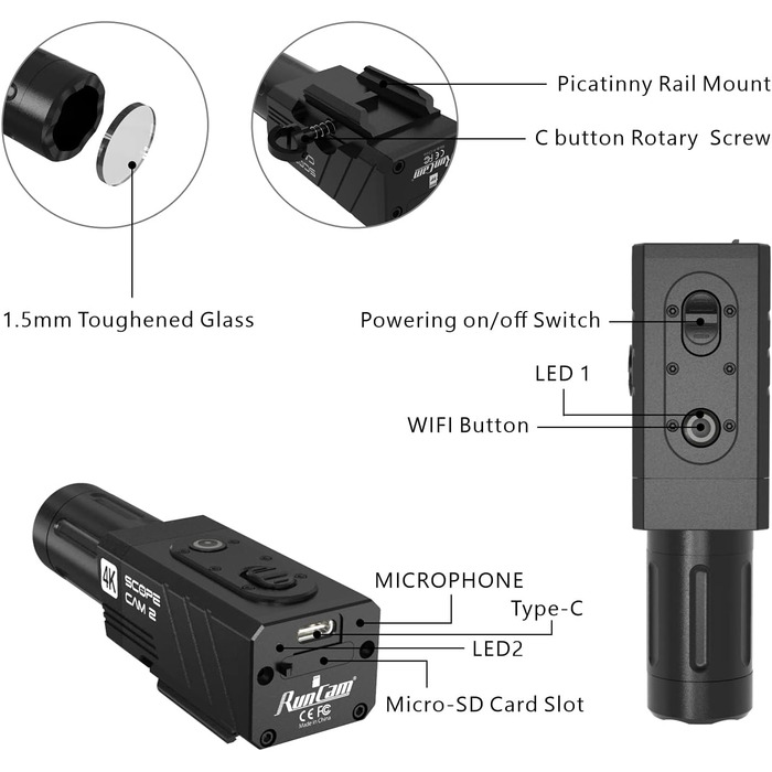 Страйкбольна камера 4xDigital Zoom HD міні Wi-Fi екшн-камера для страйкбольного пейнтбольного полювання тактичних тренувань із кабелем перемикача запису, 2 4K