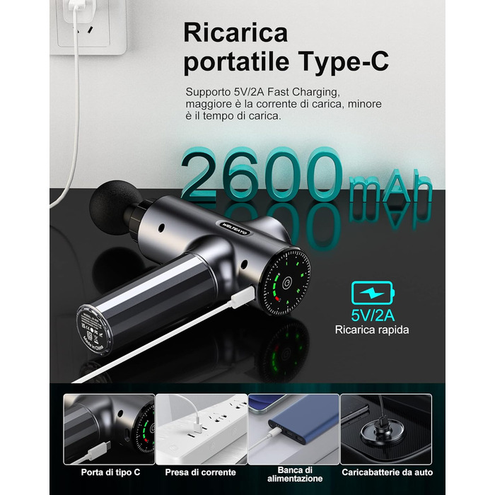 Масажний пістолет, масажний пістолет WELTEAYO 2600 мАг, пістолет для масажу глибоких тканин, професійний масажер для м'язів, із зарядкою Type-C, 6 масажних головок для полегшення болю в м'язах (срібло)