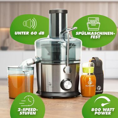 Переможець тестування* QUICK-JUICER Соковижималка з нержавіючої сталі для фруктів і овочів i XXL Слот для вичавлювання соку з цілих фруктів, 800 Вт, 2 швидкості, без бісфенолу А в т.ч. пляшка для пиття рецепти Книга та додаток Нержавіюча сталь XXL Заливни