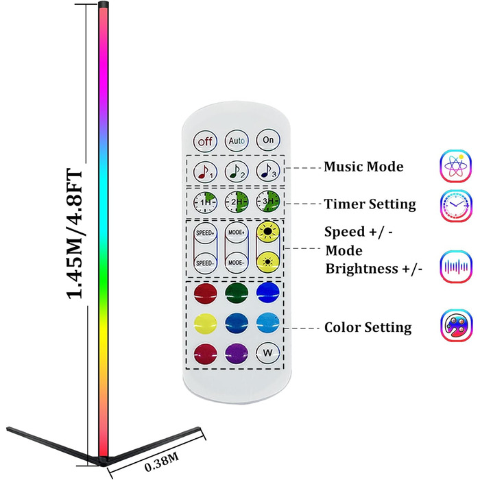 Світлодіодний торшер YOSION RGB, кутовий торшер Музична синхронізація, зміна кольору з можливістю регулювання яскравості для вітальні, ігрової кімнати, спальні, вечірки - 145 см