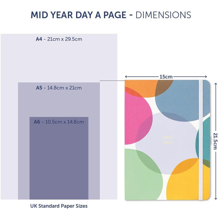 Щоденний календар на середину року з серпня 2024 року по серпень 2025 року - Polka Dots - Планувальник A5 для перегляду дня з тримачем для ручки, гумовою застібкою та річним планувальником