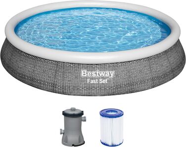 Басейн Bestway Fast Set, 396 x 84 см, набір з фільтруючим насосом, круглий, сірий ротанг