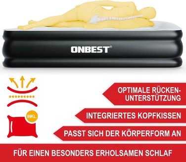 Самонадувне ліжко Onbest для 2 осіб 203 х 152 х 46 см надувний матрац з електронасосом надувне гостьове ліжко за 3-5 хвилин інтегрована подушка (чорна)