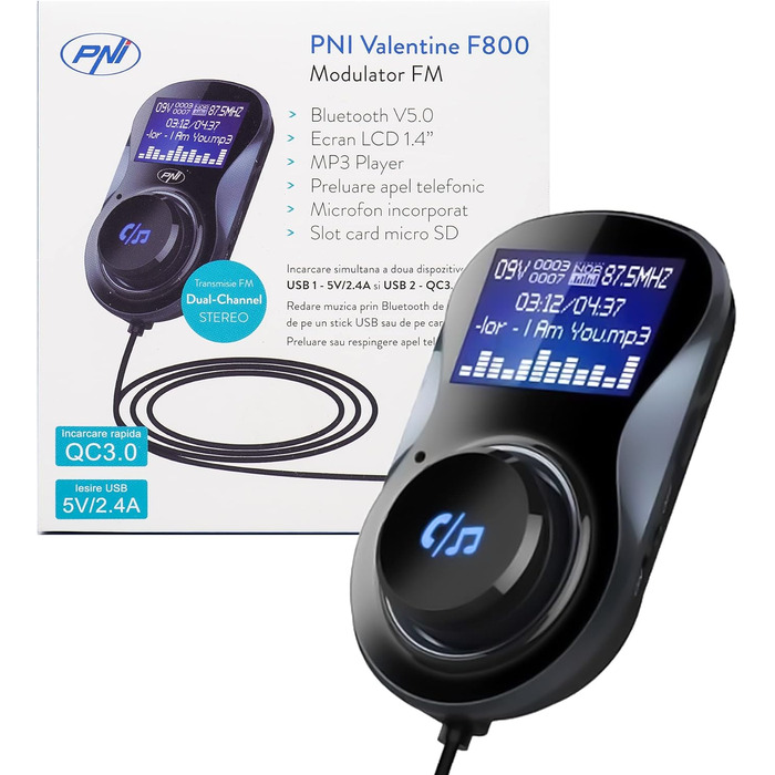 Модулятор PNI Valentine F800 Bluetooth, MP3-плеєр, FM-передавач, слот Micro SD, подвійний USB, QC3.0